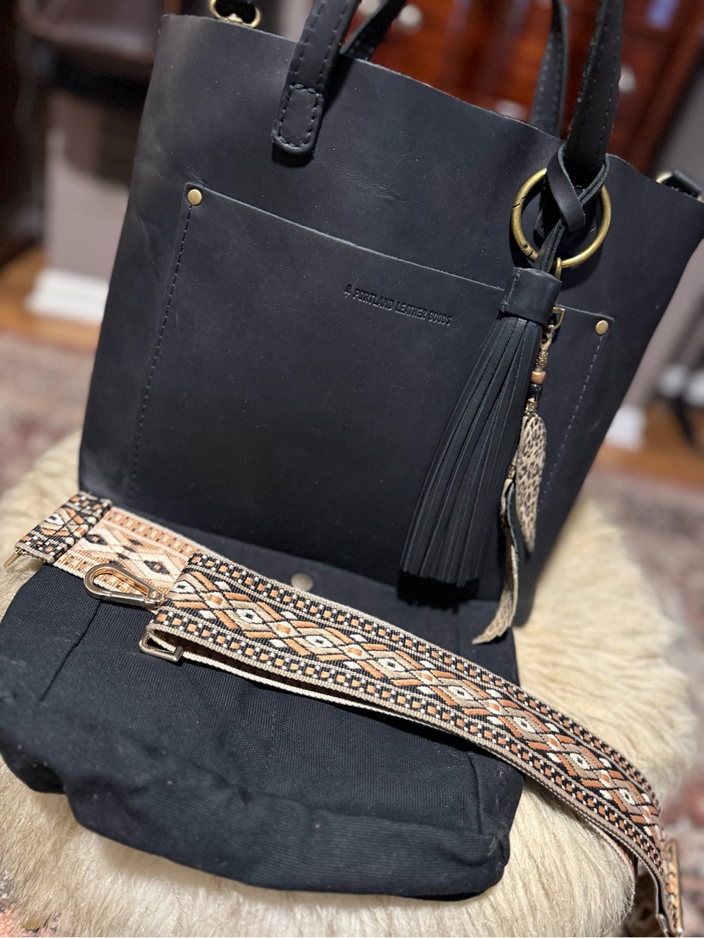 Portland Leather Classic Mex Crossbody Tote extra strap, jumbo tassel, insert
